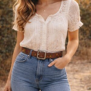 GAP Genuine Leather Floral Tooled Belt Brown Vintage Boho Size L 1.25”